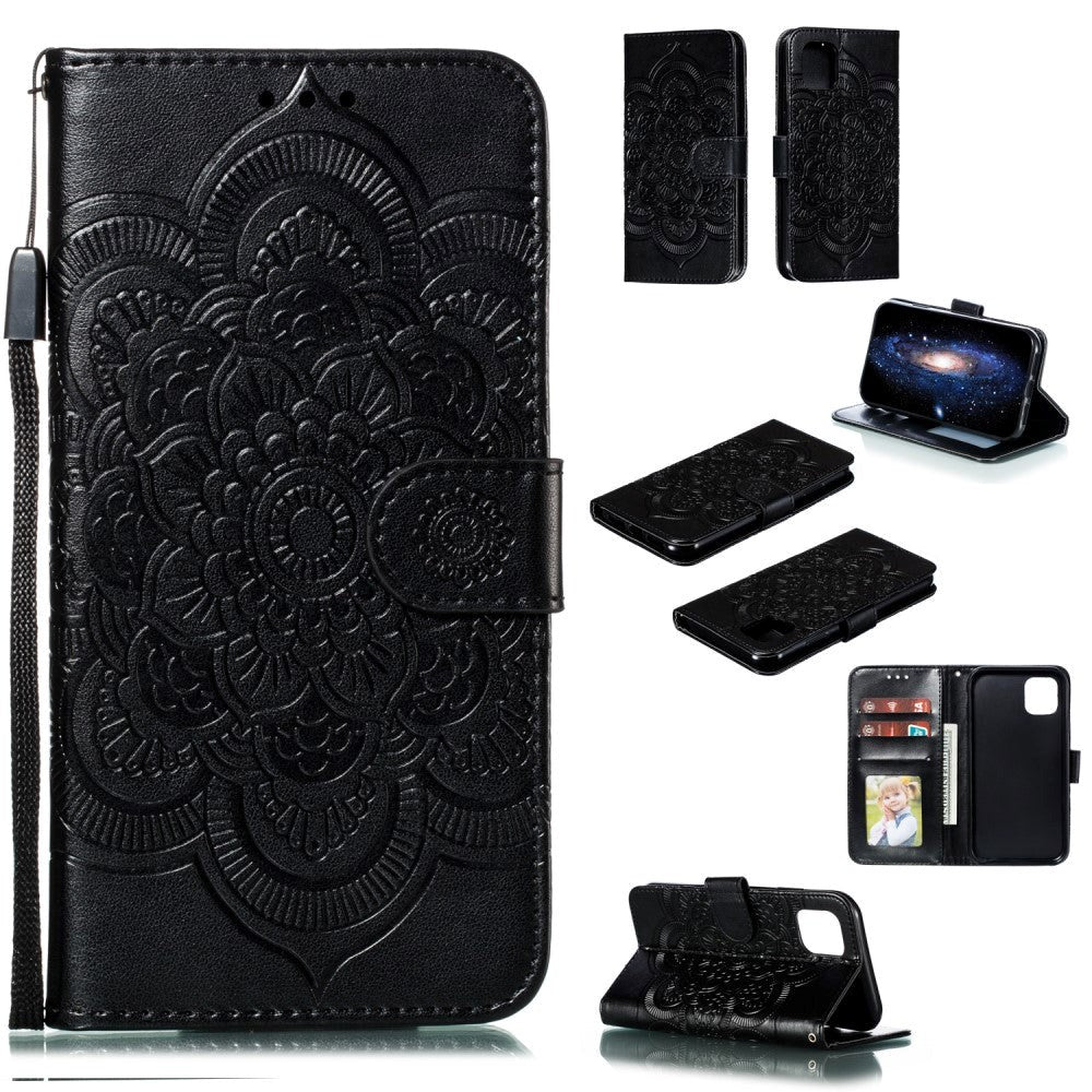 iPhone 11 Læder Cover m. Pung Sun Mandala Flower Pattern Imprint Sort