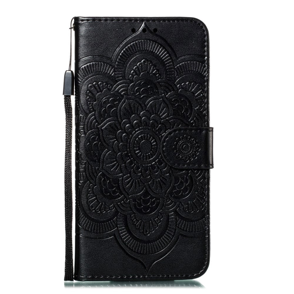 iPhone 11 Læder Cover m. Pung Sun Mandala Flower Pattern Imprint Sort