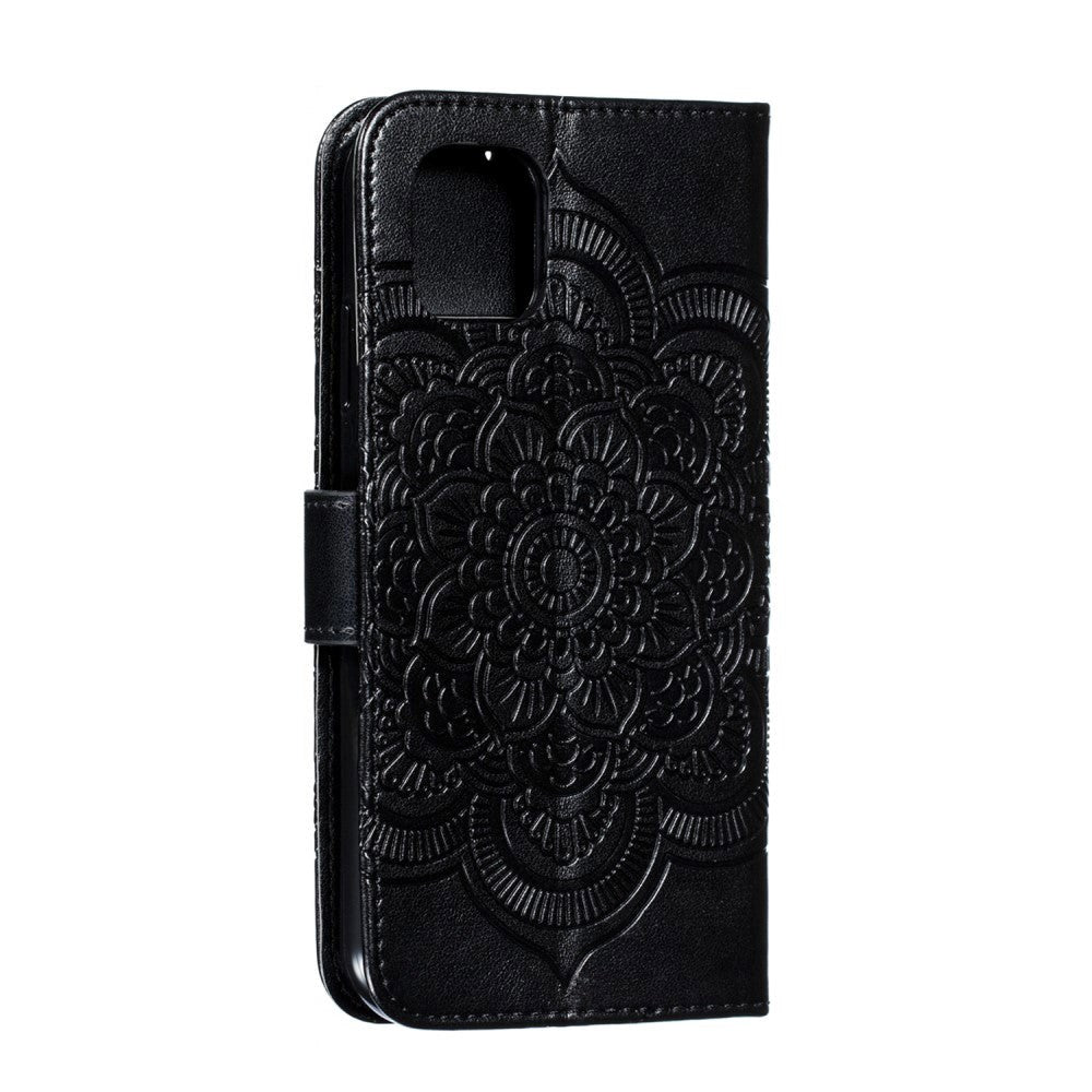 iPhone 11 Læder Cover m. Pung Sun Mandala Flower Pattern Imprint Sort