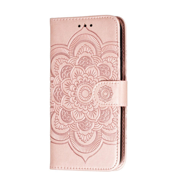iPhone 11 Læder Cover m. Pung Sun Mandala Flower Pattern Imprint Rose Gold