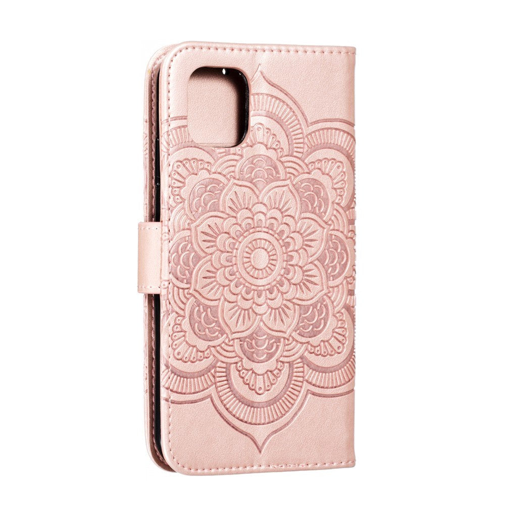 iPhone 11 Læder Cover m. Pung Sun Mandala Flower Pattern Imprint Rose Gold