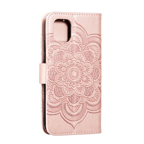 iPhone 11 Læder Cover m. Pung Sun Mandala Flower Pattern Imprint Rose Gold
