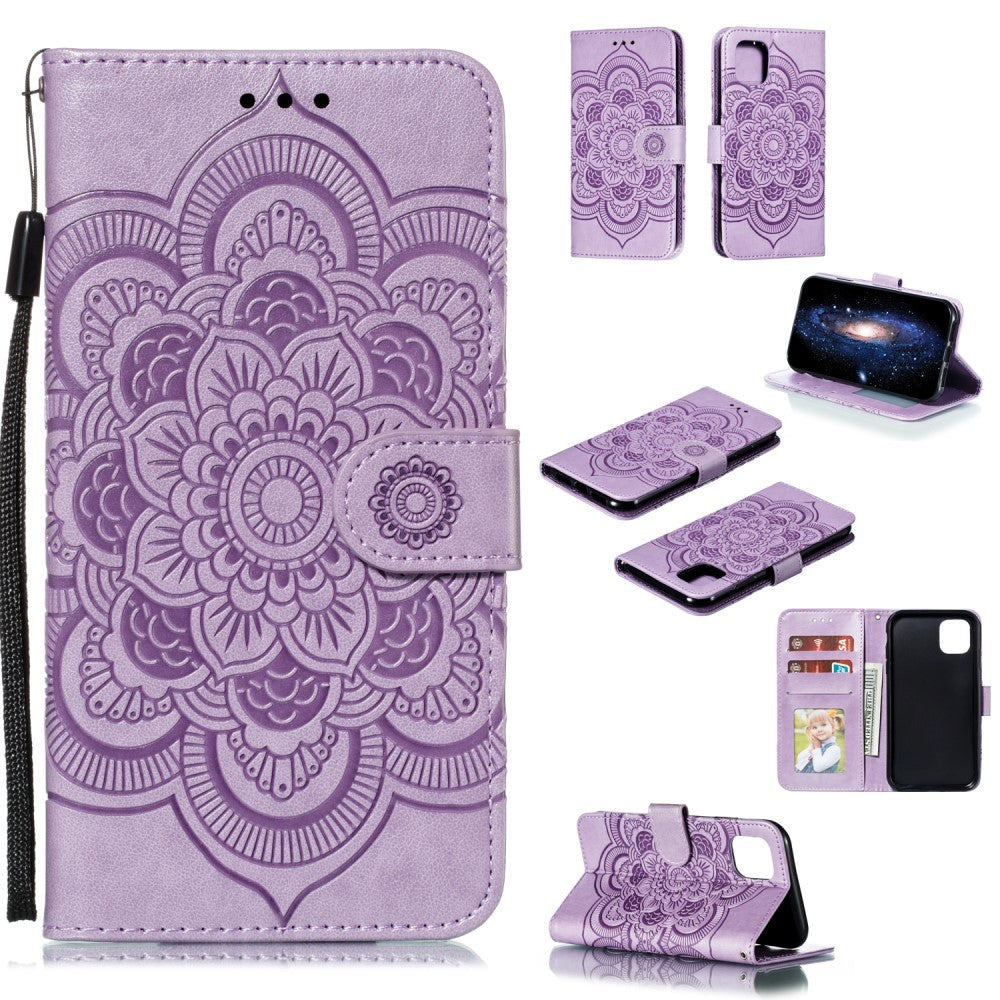 iPhone 11 Læder Cover m. Pung Sun Mandala Flower Pattern Imprint Lilla