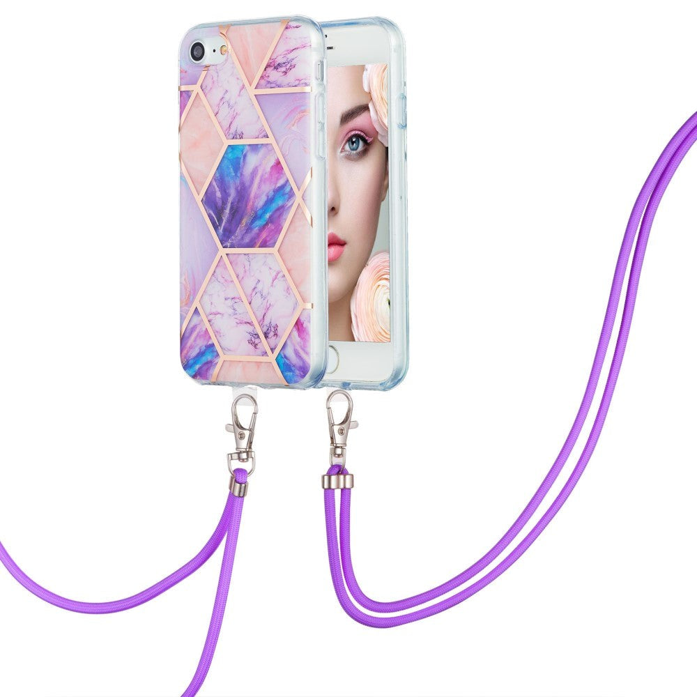 iPhone SE (2022 / 2020) / 8 / 7 Hybrid Cover m. Strop - Marmor - Lyserød & Lilla
