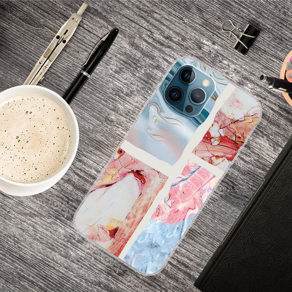 iPhone 13 Pro Fleksibel Plastik Cover - Lyseblå / Lyserød Marmor