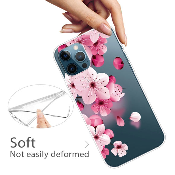 iPhone 13 Pro Fleksibel Gennemsigtig Plastik Cover - Gennemsigtig / Lyserøde Blomster