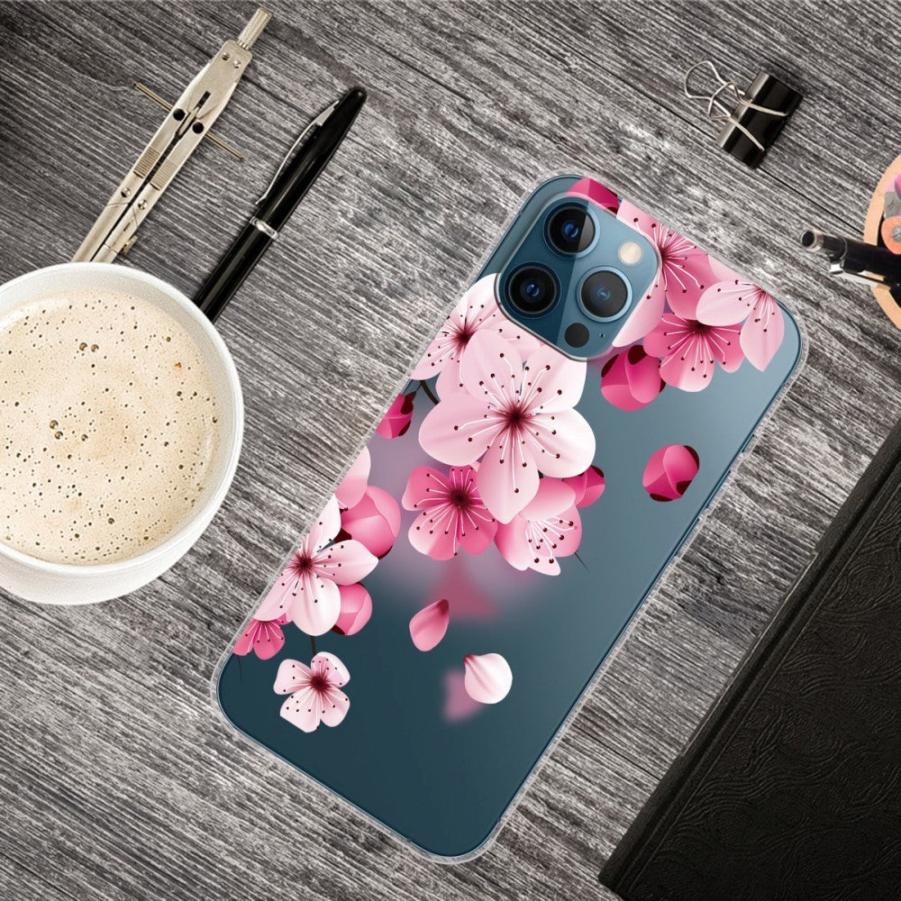 iPhone 13 Pro Fleksibel Gennemsigtig Plastik Cover - Gennemsigtig / Lyserøde Blomster