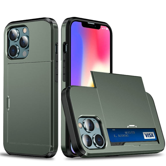 iPhone 13 Pro Max Hybrid Håndværkercover m. Kortholder - Olivengrøn