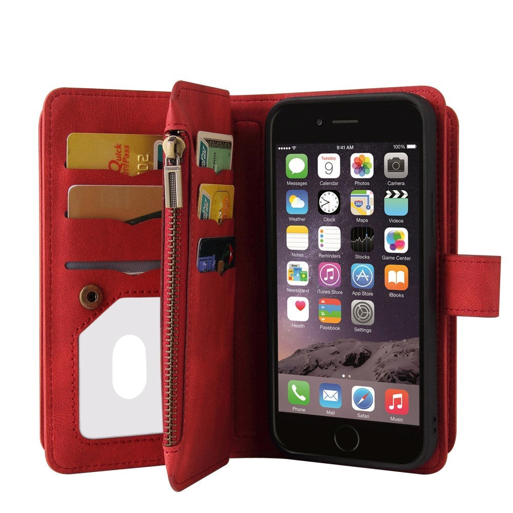 iPhone SE (2022 / 2020) / 8 / 7 Læder Flip Cover m. Strop, Pung & 15 Kortholdere - Rød