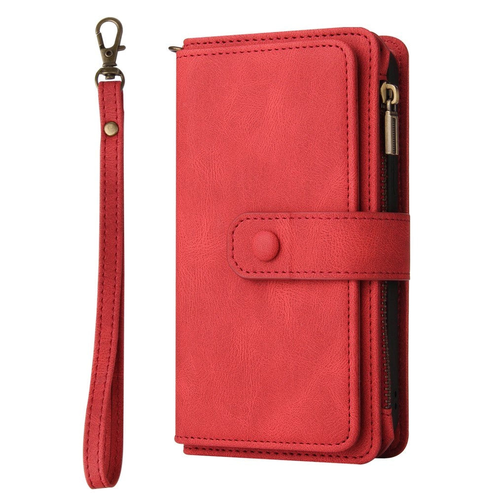 iPhone SE (2022 / 2020) / 8 / 7 Læder Flip Cover m. Strop, Pung & 15 Kortholdere - Rød