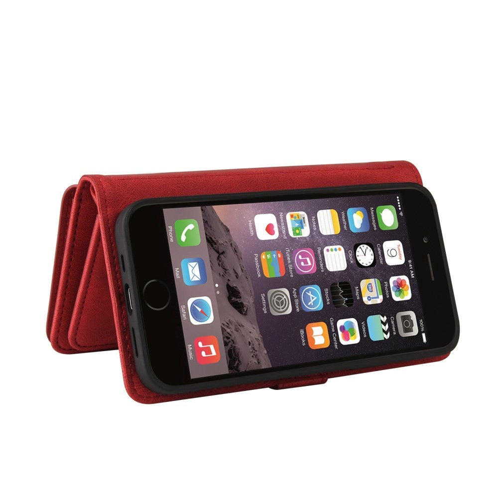 iPhone SE (2022 / 2020) / 8 / 7 Læder Flip Cover m. Strop, Pung & 15 Kortholdere - Rød