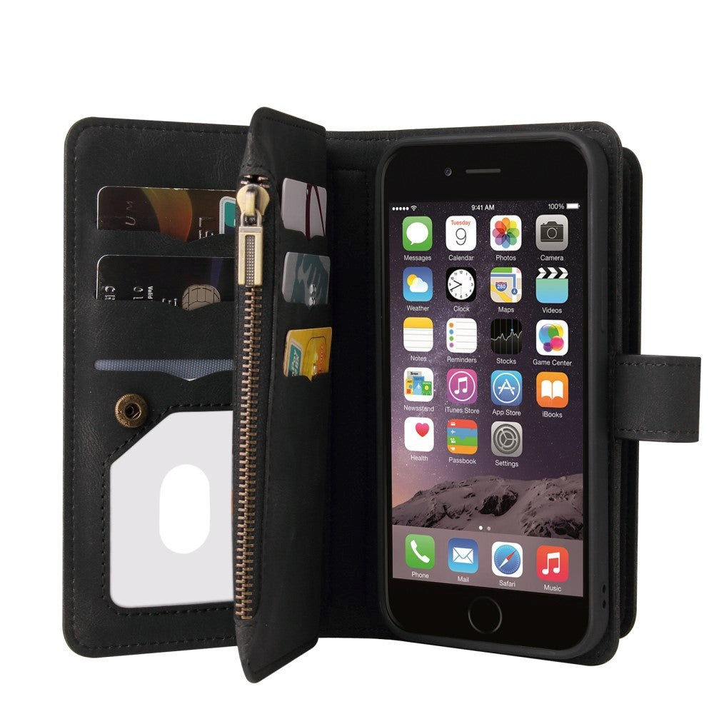 iPhone SE (2022 / 2020) / 8 / 7 Læder Flip Cover m. Strop, Pung & 15 Kortholdere - Sort
