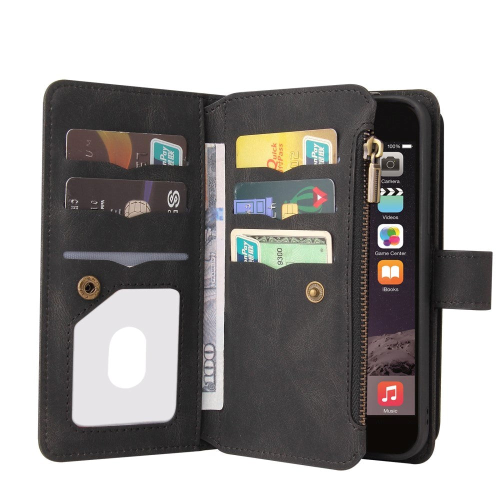 iPhone SE (2022 / 2020) / 8 / 7 Læder Flip Cover m. Strop, Pung & 15 Kortholdere - Sort
