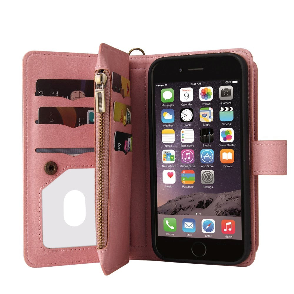 iPhone SE (2022 / 2020) / 8 / 7 Læder Flip Cover m. Strop, Pung & 15 Kortholdere - Lyserød