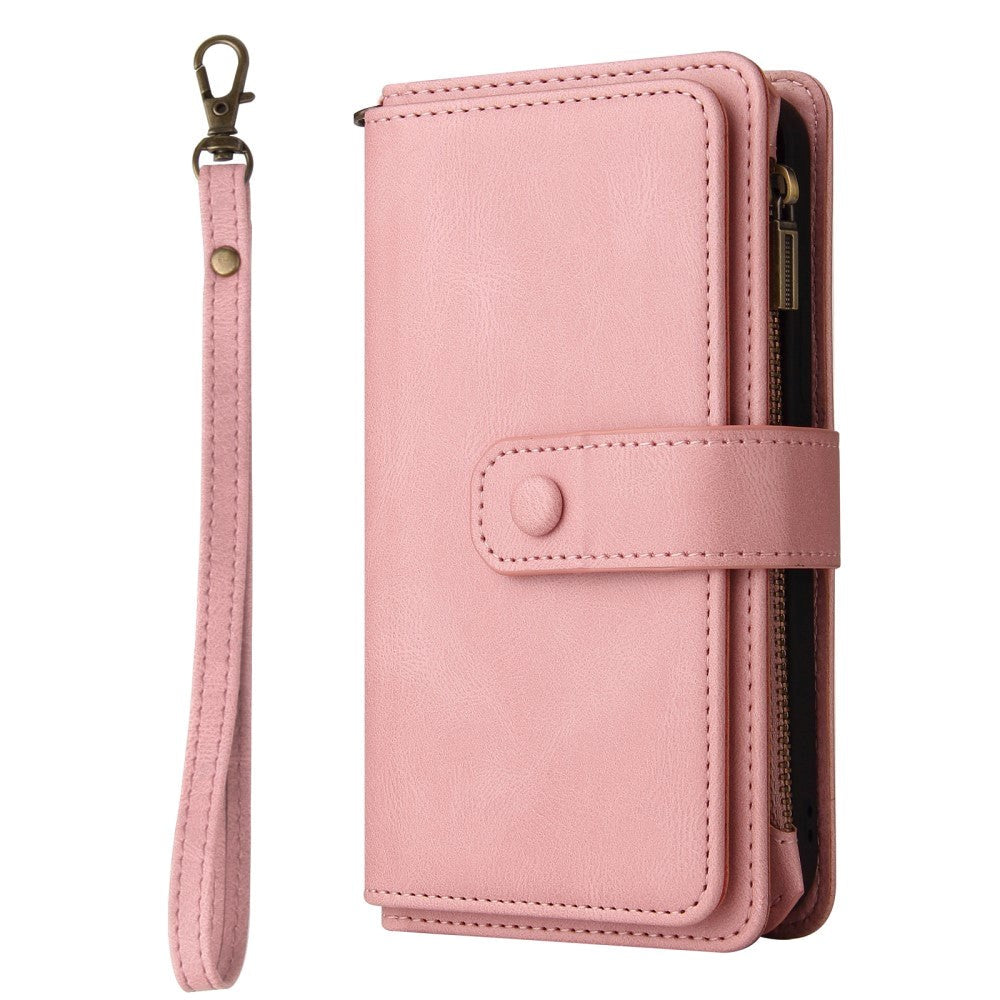 iPhone SE (2022 / 2020) / 8 / 7 Læder Flip Cover m. Strop, Pung & 15 Kortholdere - Lyserød