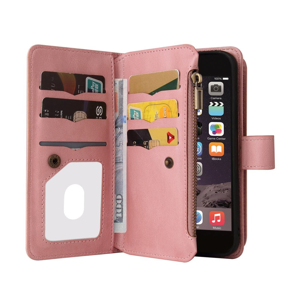iPhone SE (2022 / 2020) / 8 / 7 Læder Flip Cover m. Strop, Pung & 15 Kortholdere - Lyserød