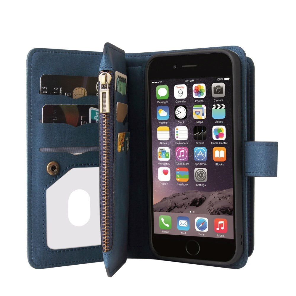 iPhone SE (2022 / 2020) / 8 / 7 Læder Flip Cover m. Strop, Pung & 15 Kortholdere - Blå