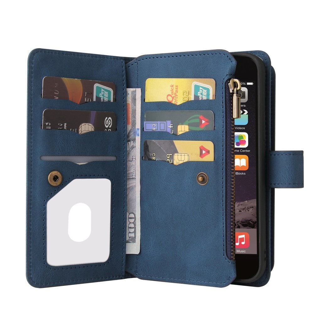iPhone SE (2022 / 2020) / 8 / 7 Læder Flip Cover m. Strop, Pung & 15 Kortholdere - Blå