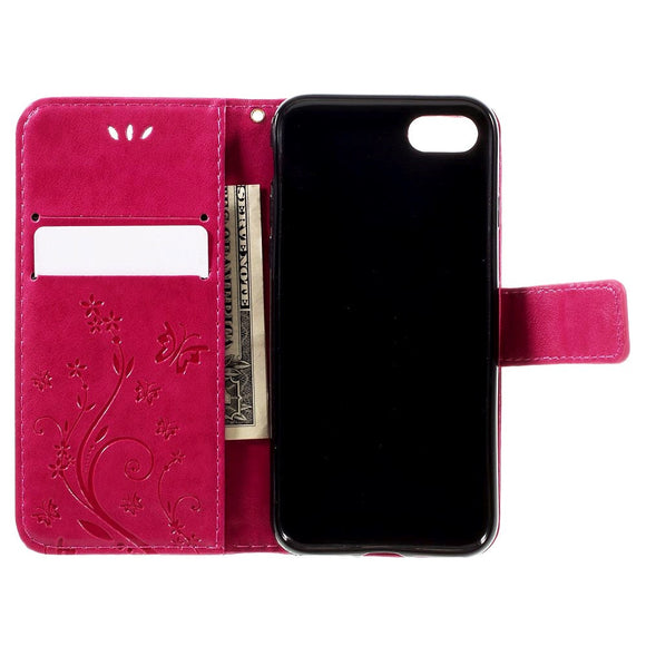 iPhone SE (2022 / 2020) / 8 / 7 Sommerfugle Læder Cover m. Pung Pink
