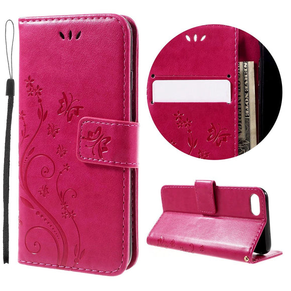 iPhone SE (2022 / 2020) / 8 / 7 Sommerfugle Læder Cover m. Pung Pink