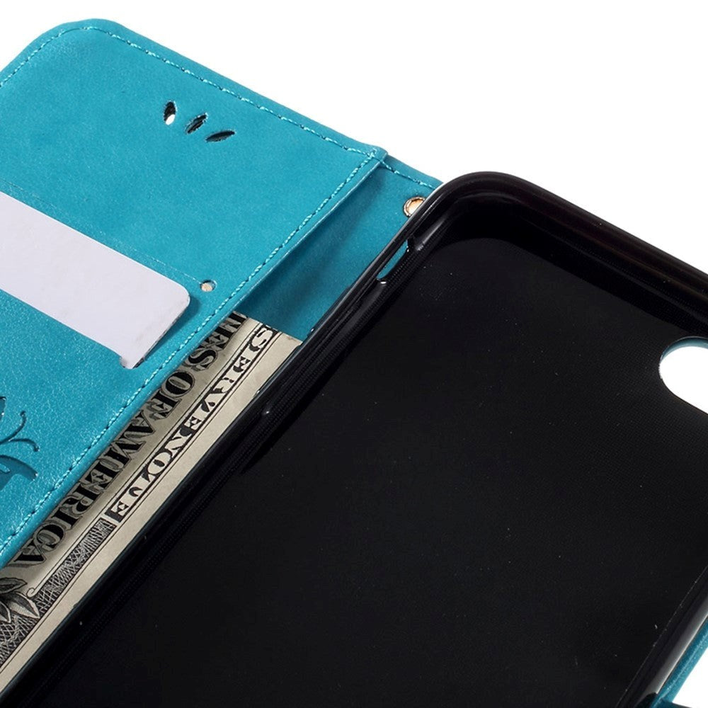 iPhone SE (2022 / 2020) / 8 / 7 Sommerfugle Læder Cover m. Pung - Blå