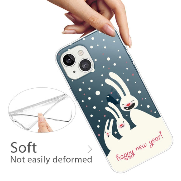 iPhone 13 Plastik Jule Cover - Sne Kaniner - Gennemsigtig