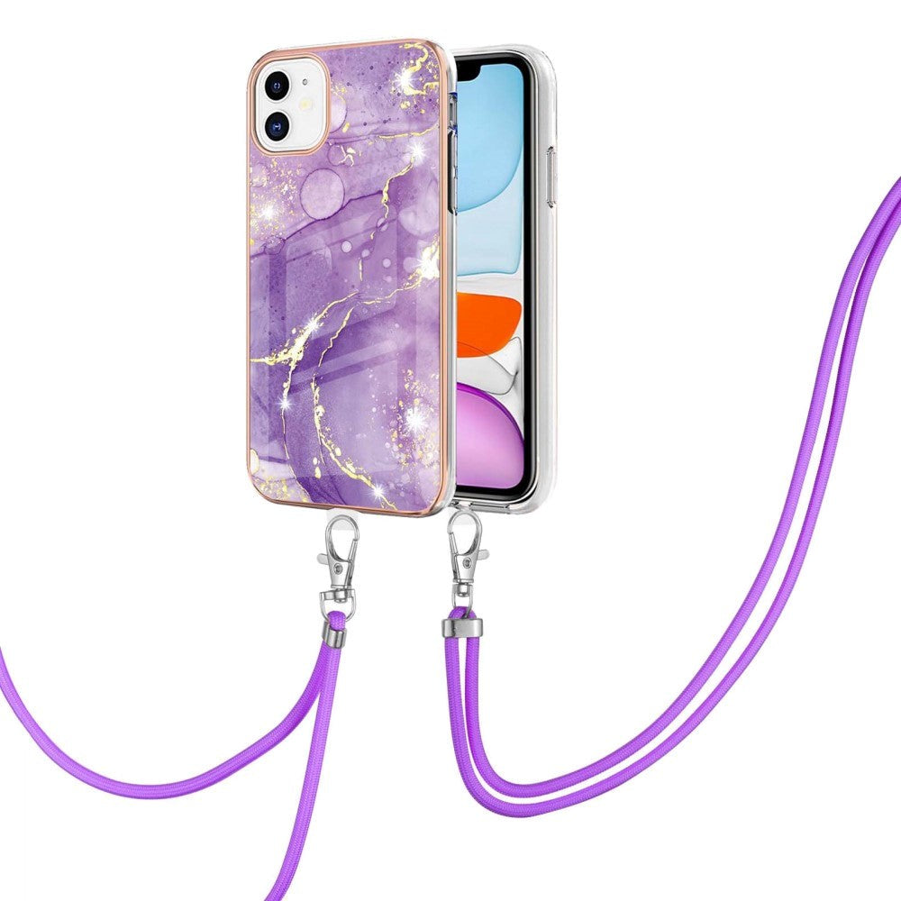 iPhone 11 Marmor Hybrid Cover m. Justerbar Strop - Rose Lilla