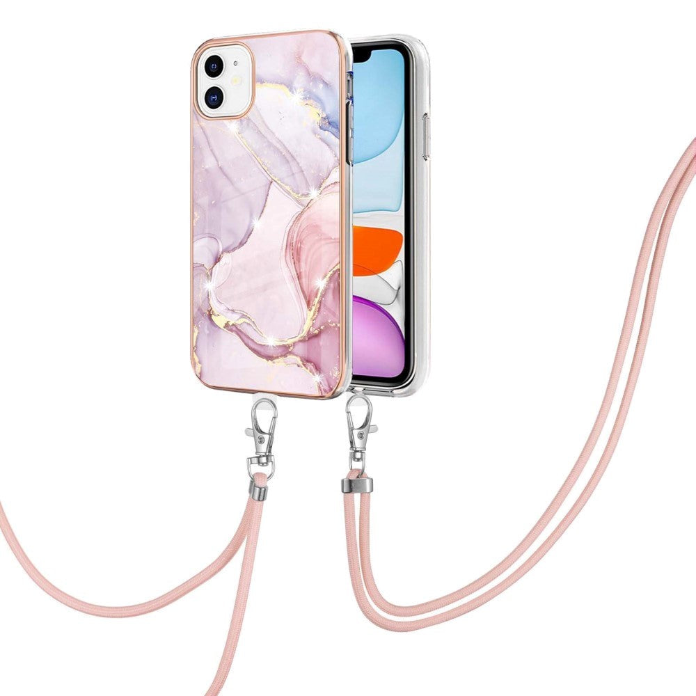 iPhone 11 Marmor Hybrid Cover m. Justerbar Strop - Lyserød