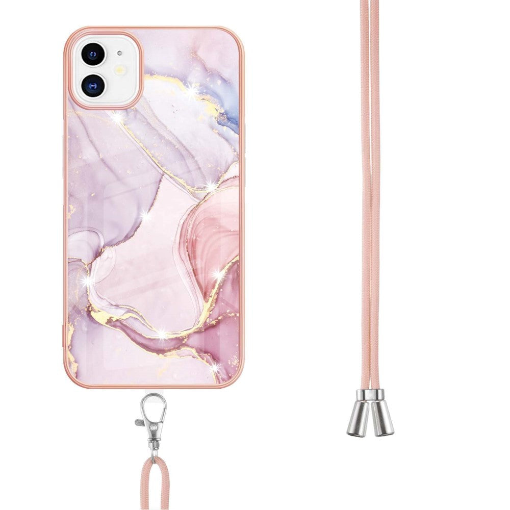 iPhone 11 Marmor Hybrid Cover m. Justerbar Strop - Lyserød