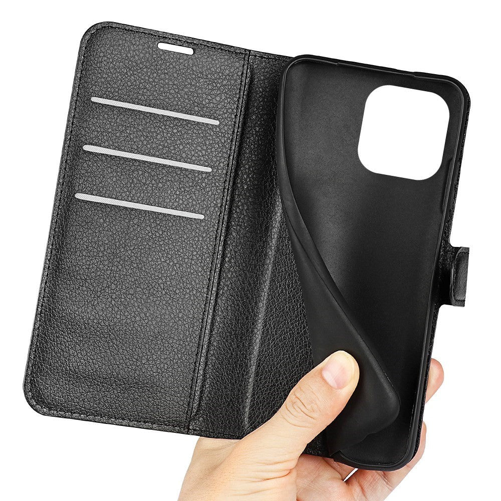 iPhone 14 Pro Max Litchi Læder Cover m. Pung & Magnetisk Luk - Sort