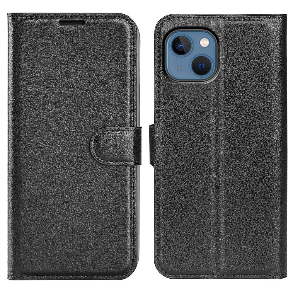 iPhone 14 Litchi Læder Flip Cover m. Pung - Sort
