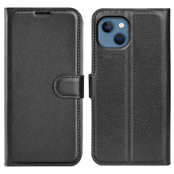 iPhone 14 Litchi Læder Flip Cover m. Pung - Sort