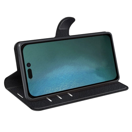 iPhone 14 Litchi Læder Flip Cover m. Pung - Sort
