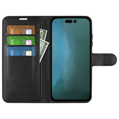 iPhone 14 Litchi Læder Flip Cover m. Pung - Sort