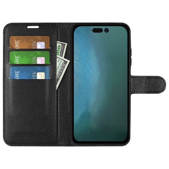 iPhone 14 Litchi Læder Flip Cover m. Pung - Sort
