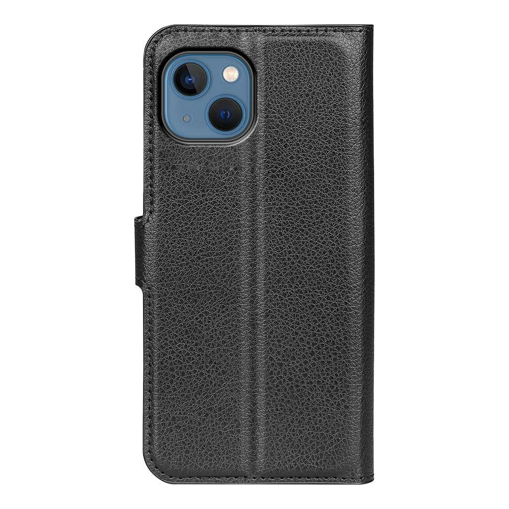 iPhone 14 Litchi Læder Flip Cover m. Pung - Sort