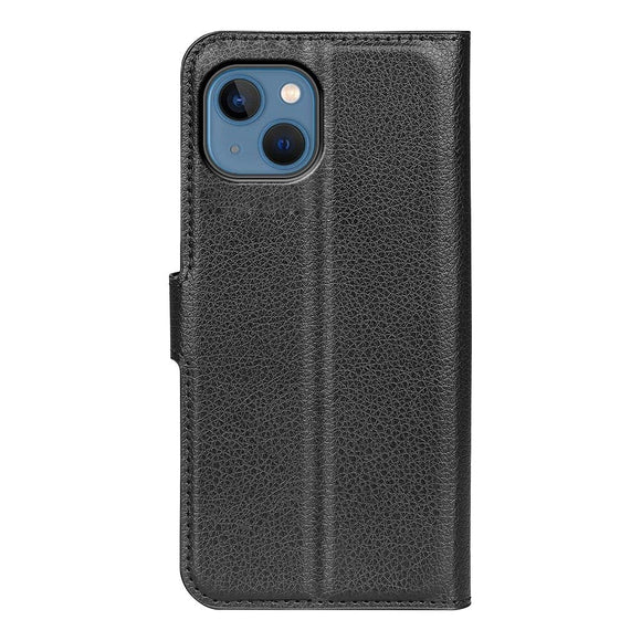 iPhone 14 Litchi Læder Flip Cover m. Pung - Sort