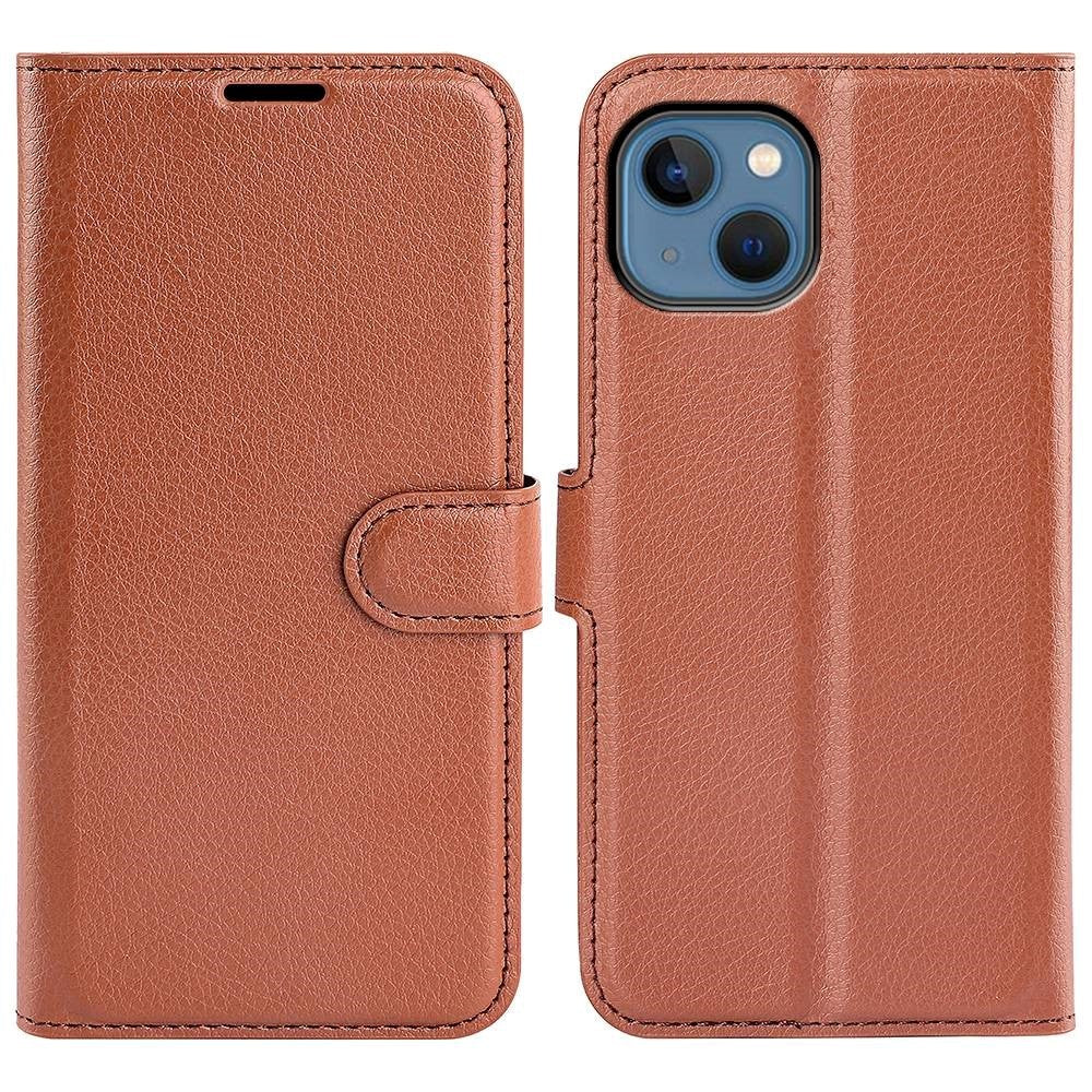 iPhone 14 Litchi Læder Flip Cover m. Pung - Brun