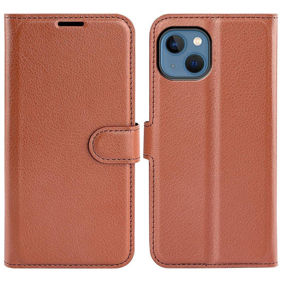 iPhone 14 Litchi Læder Flip Cover m. Pung - Brun
