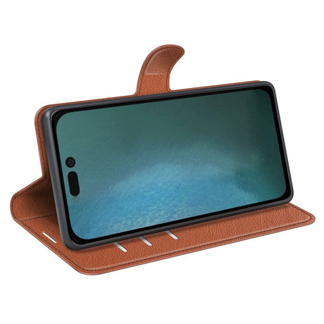 iPhone 14 Litchi Læder Flip Cover m. Pung - Brun