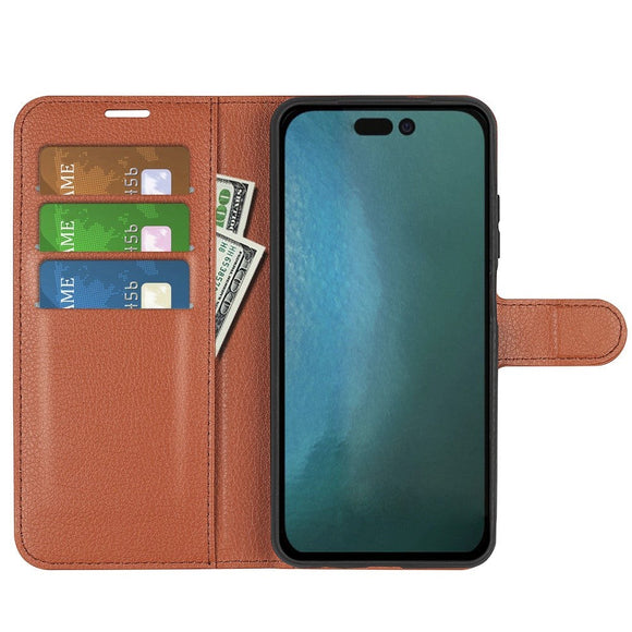 iPhone 14 Litchi Læder Flip Cover m. Pung - Brun