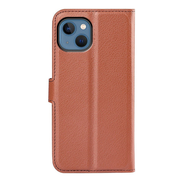 iPhone 14 Litchi Læder Flip Cover m. Pung - Brun