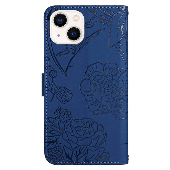 iPhone 14 Læder Cover m. Pung & Strop - Sommerfugl Indgravering - Blå