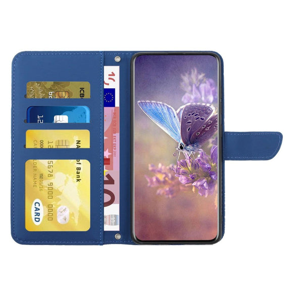 iPhone 14 Læder Cover m. Pung & Strop - Sommerfugl Indgravering - Blå