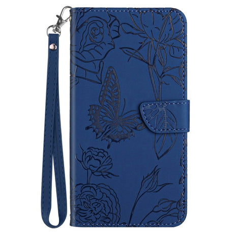 iPhone 14 Læder Cover m. Pung & Strop - Sommerfugl Indgravering - Blå
