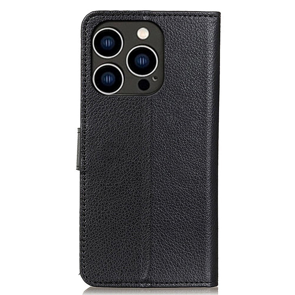 iPhone 14 Pro Litchi Læder Cover m. Pung & Magnetisk Luk - Sort
