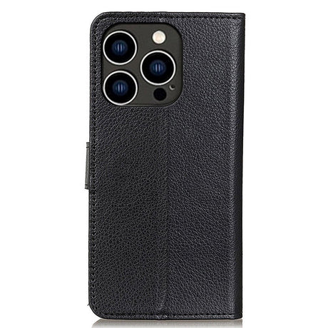 iPhone 14 Pro Litchi Læder Cover m. Pung & Magnetisk Luk - Sort