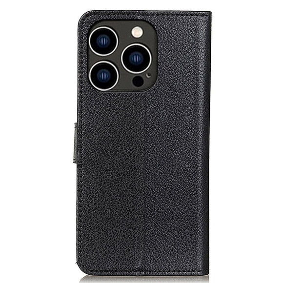 iPhone 14 Pro Litchi Læder Cover m. Pung & Magnetisk Luk - Sort