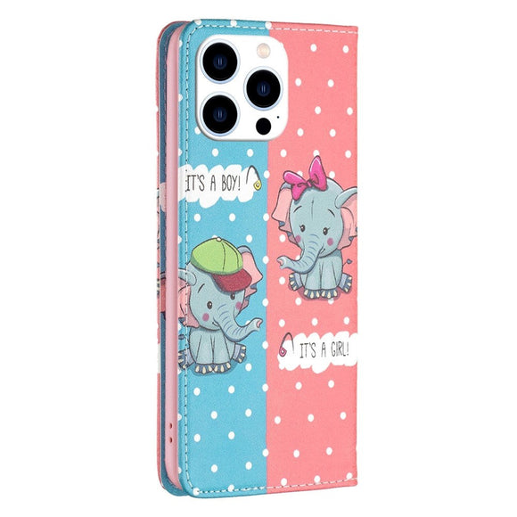 iPhone 14 Pro Læder Cover m. Pung & Ståfunktion -  Elefanter
