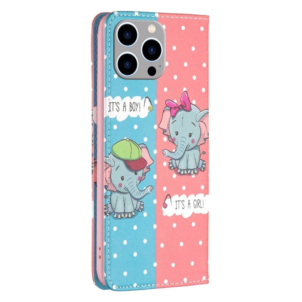 iPhone 14 Pro Max Læder Cover m. Pung & Ståfunktion - Elefanter